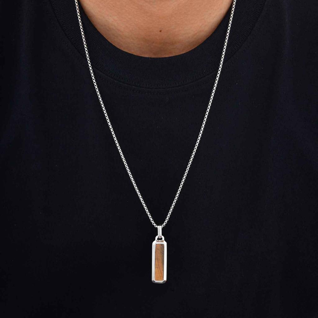 Men's Stainless Steel Pendant Necklace with Natural Tiger Eye Bar - Versatile Geometric Design, PN-2226