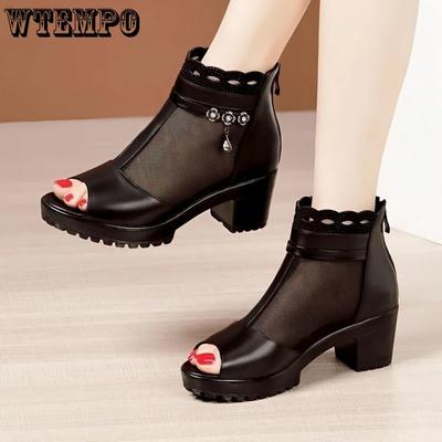 Soft Leather Mesh Sandal Boots Female Summer Soft Bottom Mum Sandals Sub Coarse Heel Medium Heel Fish Mouth Roman Back Zipper