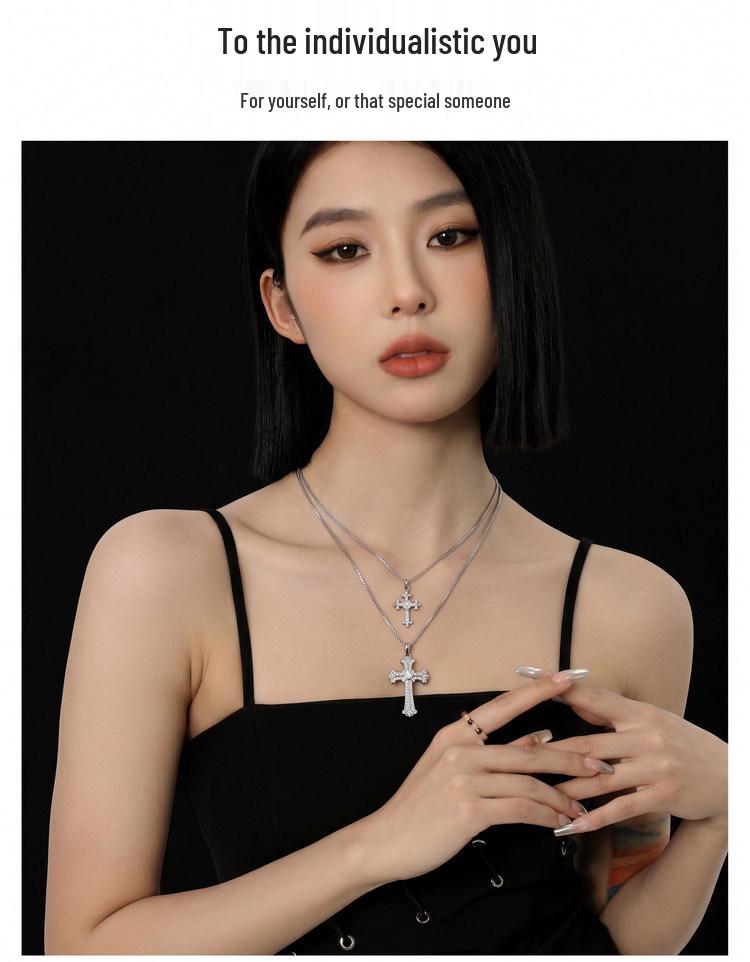 Women's Double Layer Zirconium Cross Pendant Necklace - Titanium Steel Stackable Clavicle & Sweater Chain Accessory