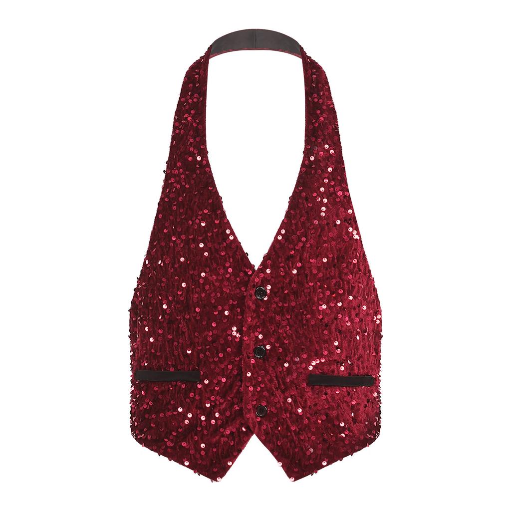 Gilet da uomo con paillettes e velluto, con scollo all'americana, schiena scoperta, scollo a V, chiusura a bottoni, taglie M-4XL per Festa da Ballo, Cocktail, Ballo di Fine Anno