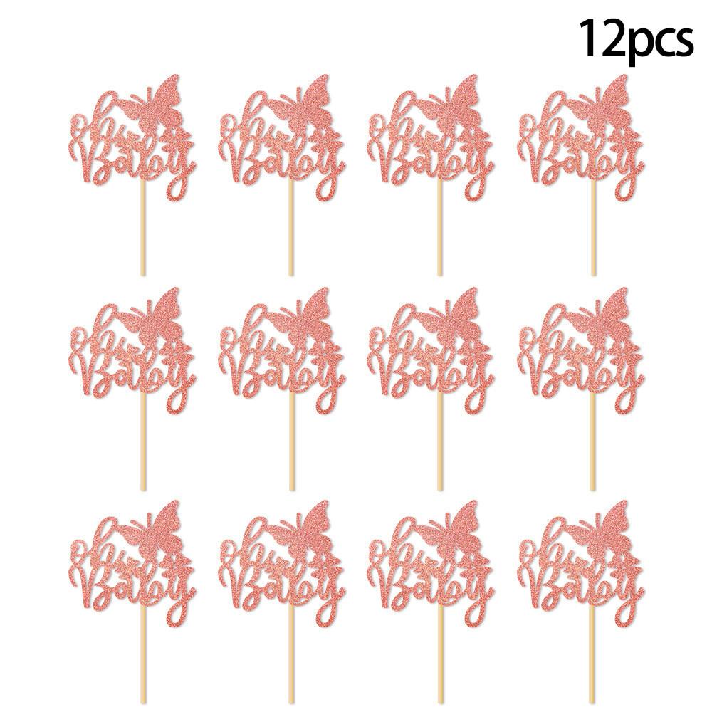 Baby Birthday Celebration Cake Decor Kit With Pink Glitter Paper Flags Event For