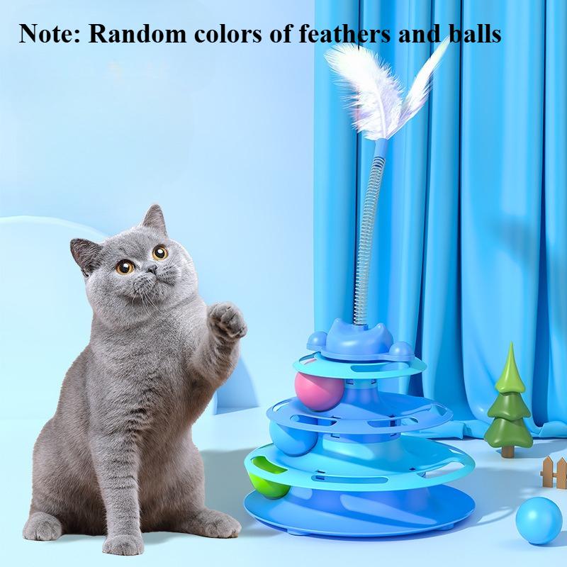 1pcs 3-Layer Feather Cat Turntable with Fun Toy Ball and Playing Stick - Interactive Toy for Cats
