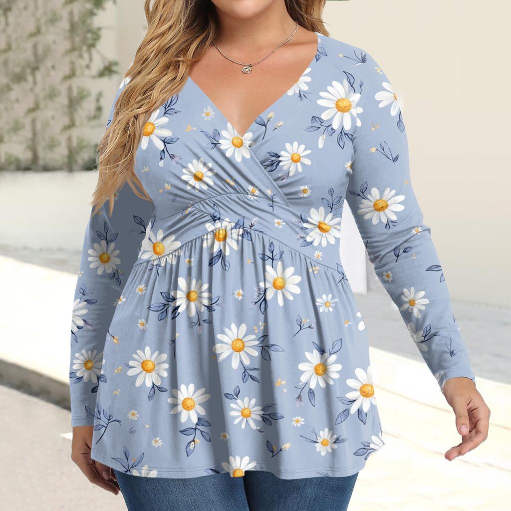 Dámská košile plus size s dlouhým rukávem, potisk, plisovaný ležérní top s výstřihem do V