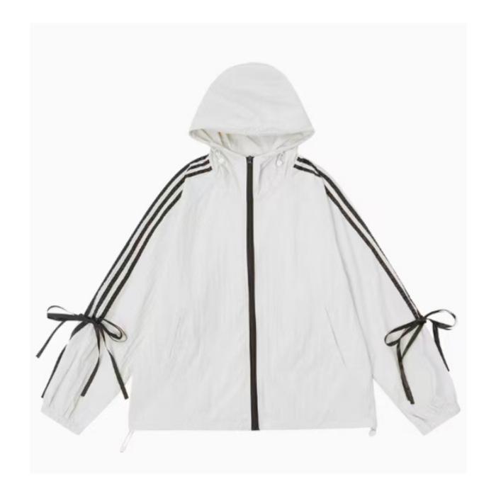 

Ретро контрастный цвет три полоски полосатый бант солнцезащитная одежда женская летняя тонкая спортивная с капюшоном солнцезащитная куртка тканая 2XL