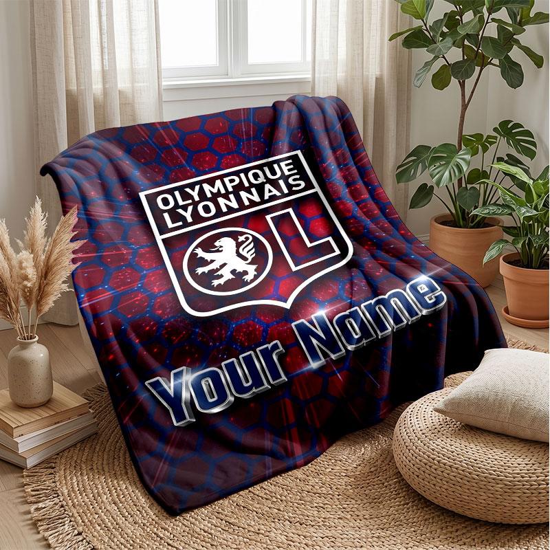 Lyon FC Custom Name Text Flannel Blanket Soccer Logo Personalized Fleece Throw Blanket Special Gift For Sofa Bedroom Home