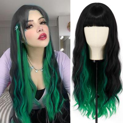 Women Fashion Long Wavy Black Green Wig with Bangs Ombre Color Black Brown Blonde Synthetic Fiber Wig for Women