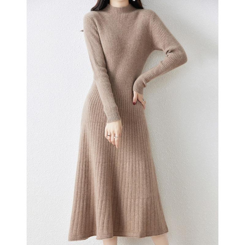 Semi-turtleneck Solid-color Sweater Skirt Femininity Elegant Style Slim-fitting Autumn and Winter Knee-length Bottoming Knitted Dress