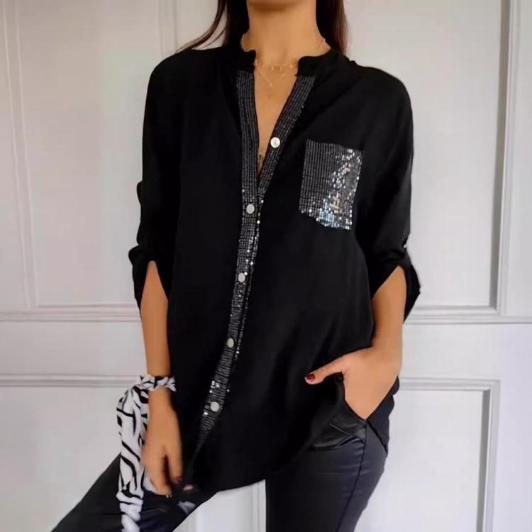 Women Casual Summer V-neck Sequin Blouse Loose Collar Mid-sleeve Printed Button Top Sun Protection Shirt with Pocket