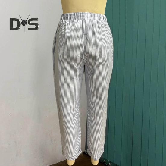 Damen Freizeithose Elastische Taille Mittelhohe Sommer-Jacquard-Lange Hose mit Taschen Streifenmuster Locker sitzende Hose