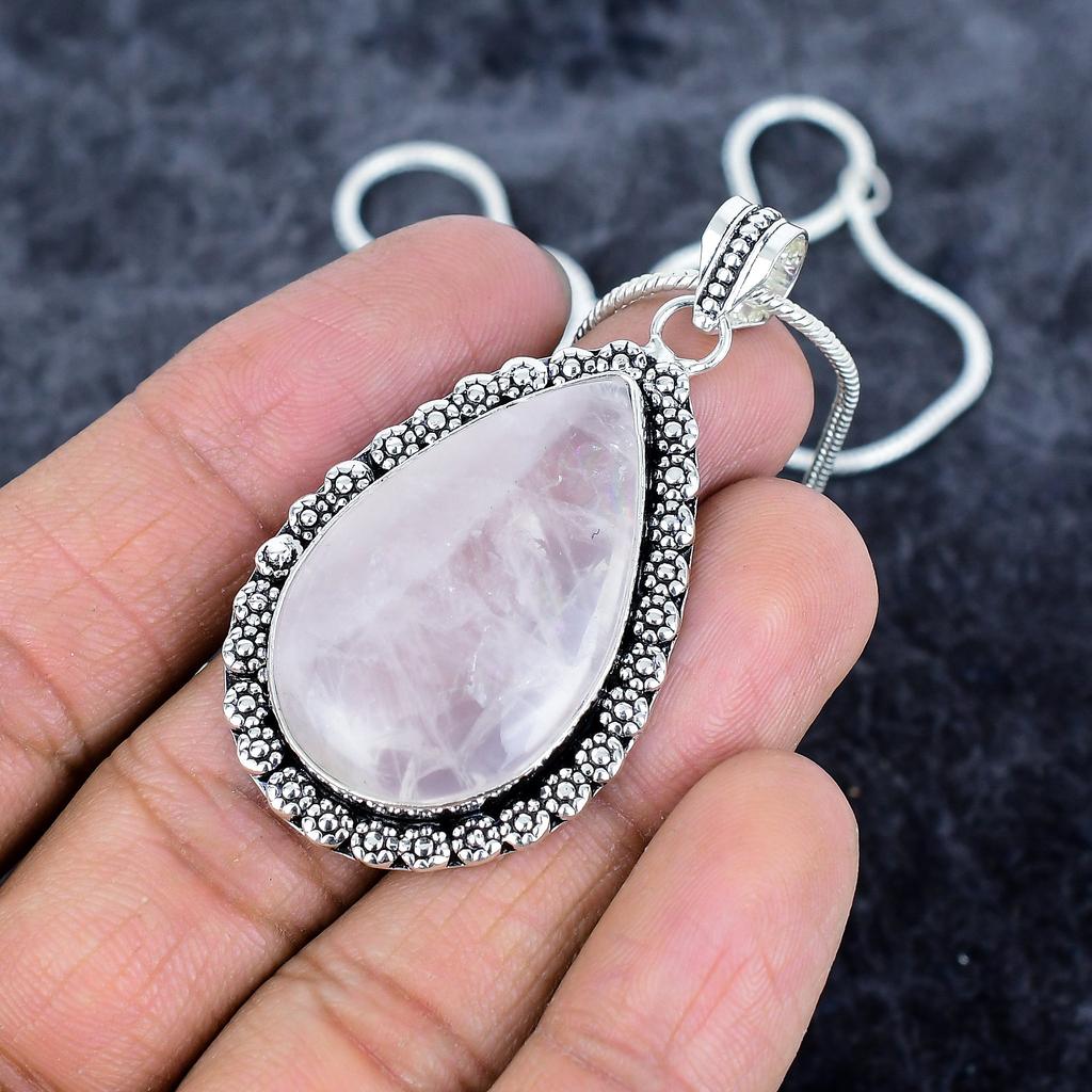 Rose Quartz Gemstone Handmade 925 Sterling Silver Jewelry Pendant 2.21" M-2979