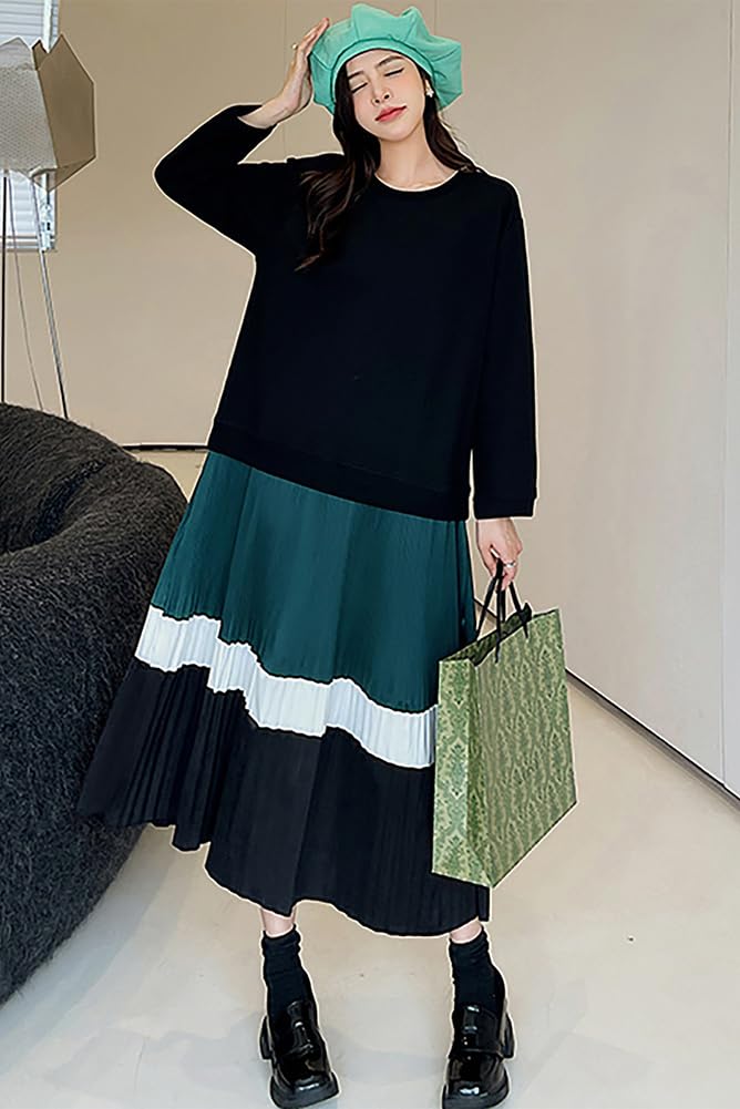 Chubikime Long Long Crew Women's Loose-Fit Dress, Sleeves, A-Line, Neck, Flattering, Stylish, Casual, Spring/Summer