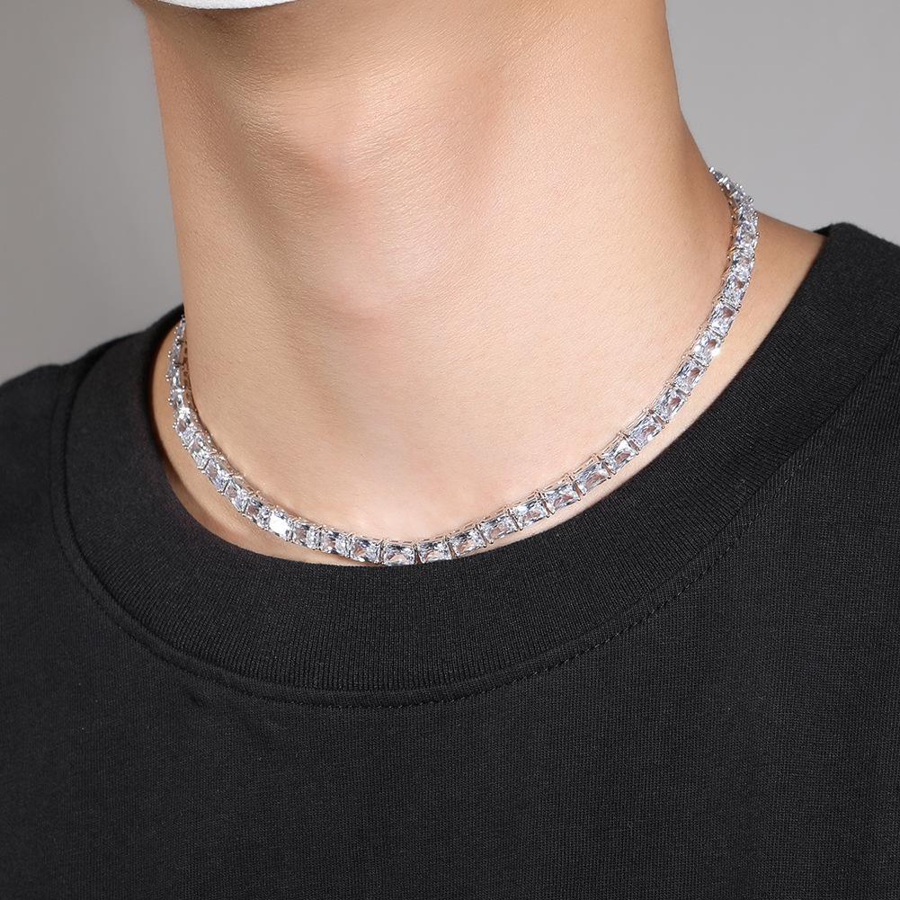 European Hip Hop Rectangular Zircon Necklace Ins Personality Simple Tennis Chain Street Niche Copper Clavicle Chain