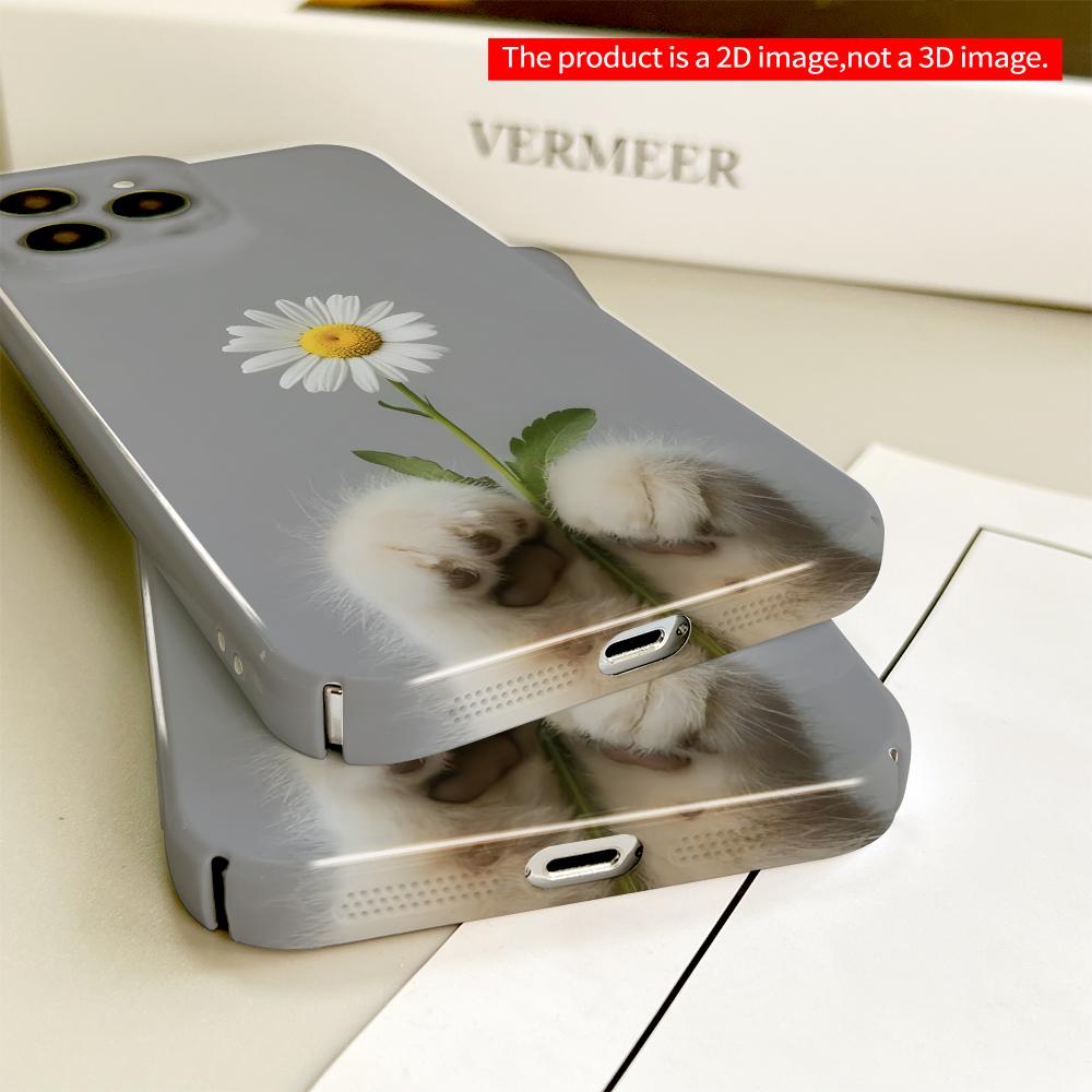 2DFlat Cute Paws Holding Daisy Flower All Inclusive Film Hard Phone Case, Compatible with iPhone 18 Pro Max 17 16 15 14 13 12 11