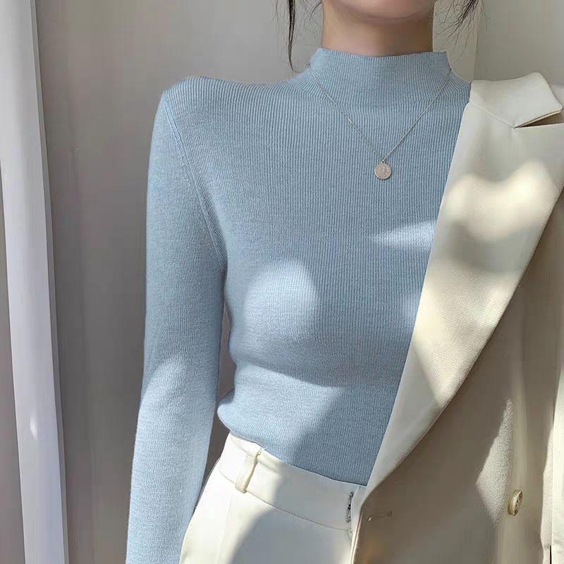 Simple small stand-up neck knitted bottoming shirt women's autumn and winter soft waxy long-sleeved inner sweater casual versatile top