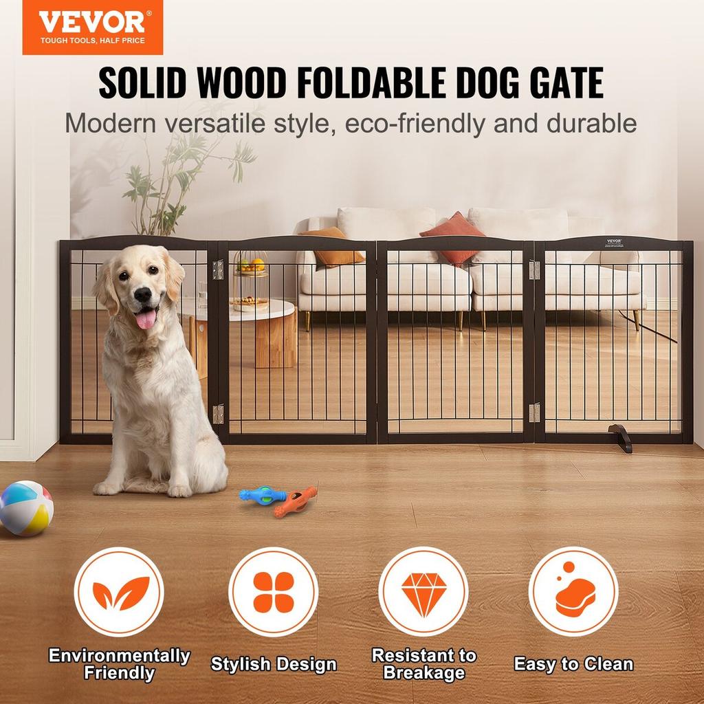 Free Standing Dog Gate 32x96.5 Inch Freestanding Pet Gate Foldable Brown