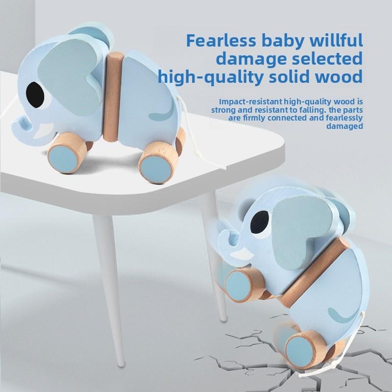 Wooden Pull Kids Rope Elephant Cart Toy For Toddler Learning And Entertainment