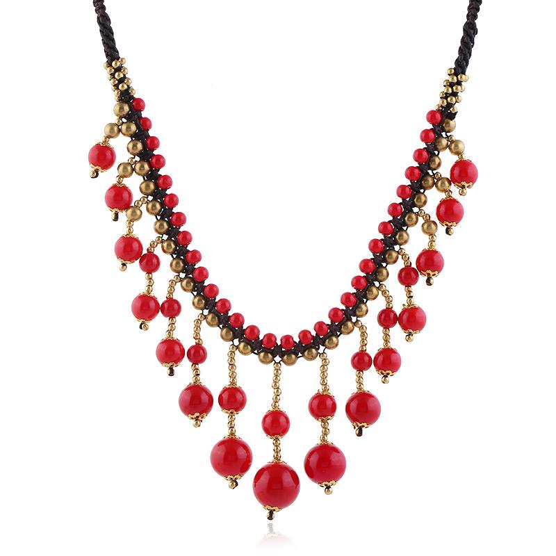Bohemian ethnic style short necklace women's collarbone chain red and blue turquoise fringed anklet retro vacation set