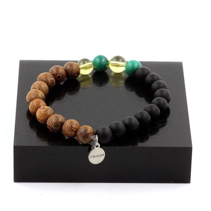 Stones and Minerals. Malachite Beads Bracelet from Congo + Citrine + Matte Black Onyx + Wood 8 Made In France.