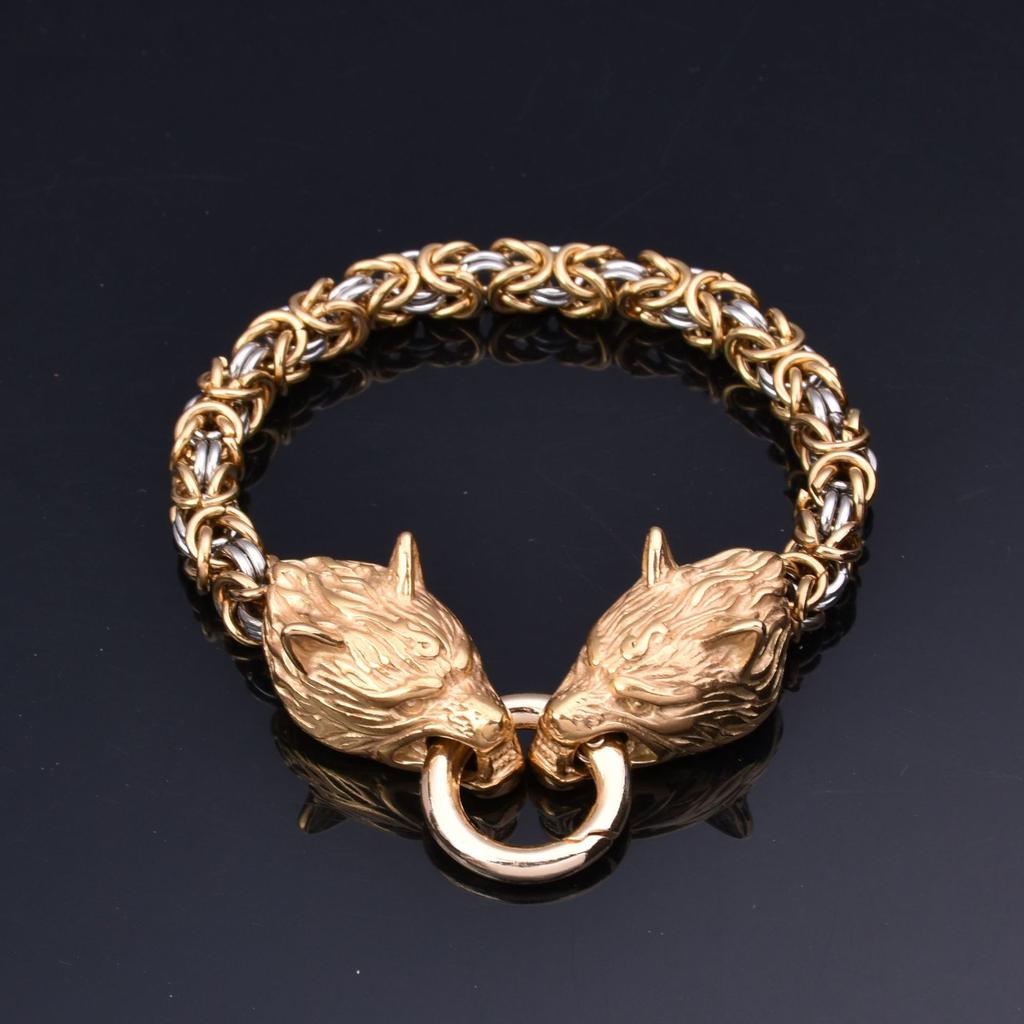 Pulsera de acero inoxidable con cabeza de lobo vikingo, pulsera de cadena de eslabones redondos, joyería de acero inoxidable para hombres