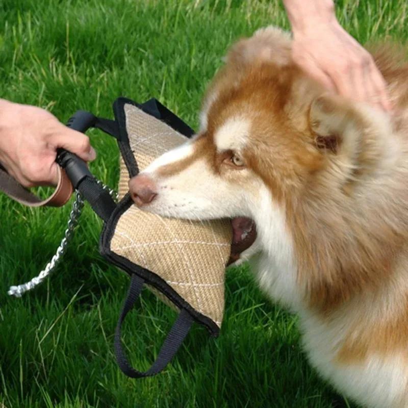 Durable Small Dog Training Bite Tug Toy Linen Bite Pillow Puppy Interactive Pet Toy with 3 Handles Pet Supplies