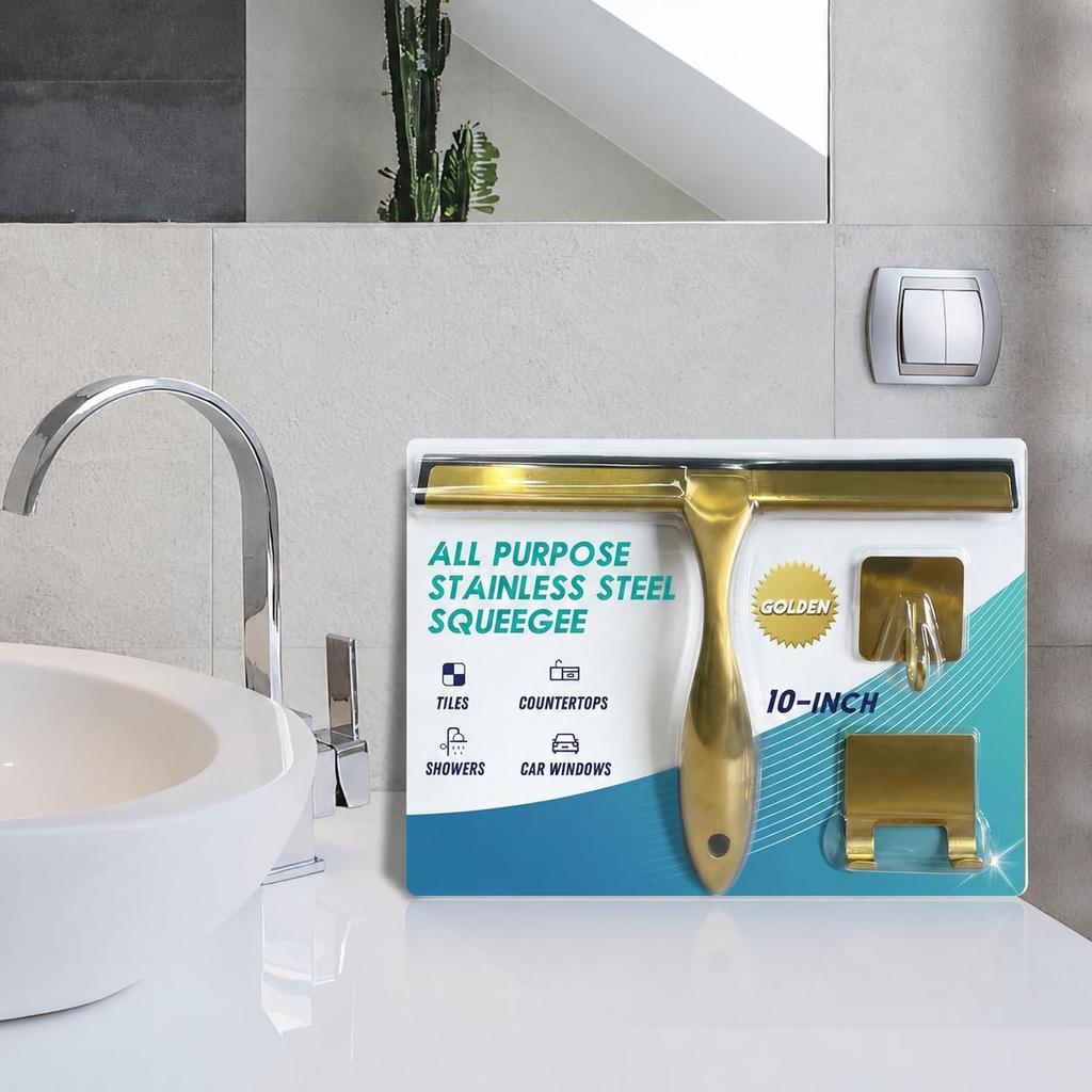 Raclette de douche en verre 25 cm Essuie-vitre en acier inoxydable Doré 2 Crochets