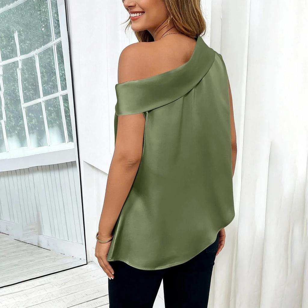 Women’s Fashionable Casual Plain Off-the-Shoulder Satin Sleeveless Asymmetrical Hem T-Shirt Top