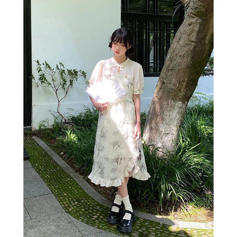 2026 Summer Women's Ink Wash Print Slit Skirt with Frog Button - New Chinese Style Qipao Dress for Girls