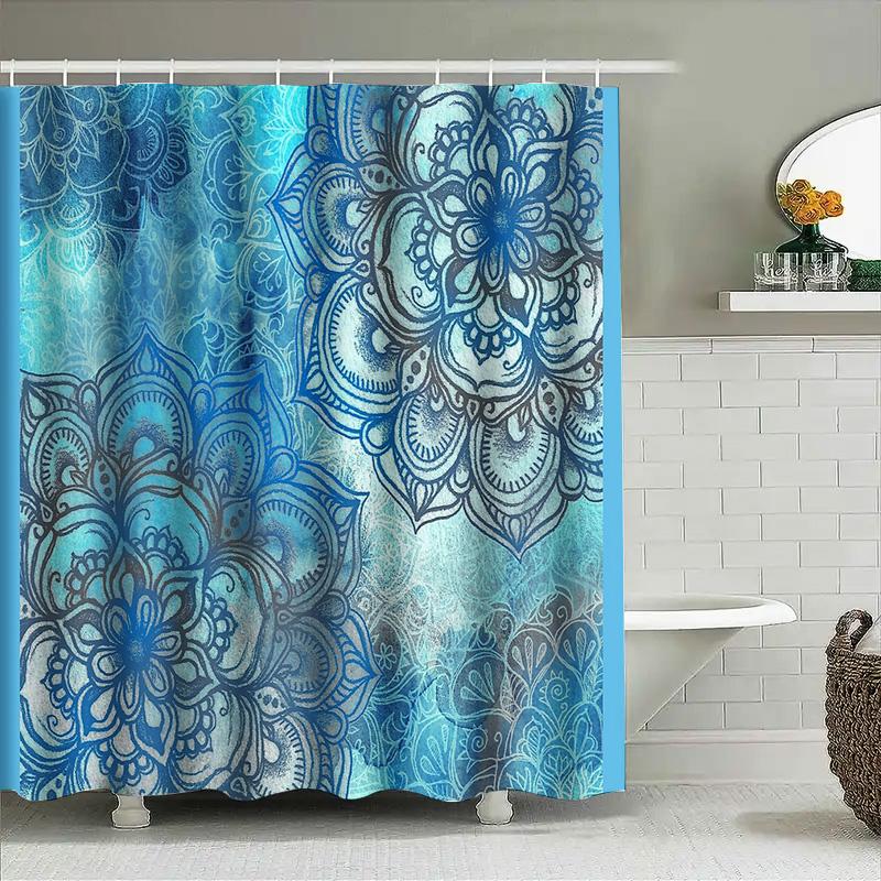Floral Shower Curtain Blue Botanical Pattern Waterproof Fabric Bathroom Decor Vintage Style Teal Home Textile Artistic Design
