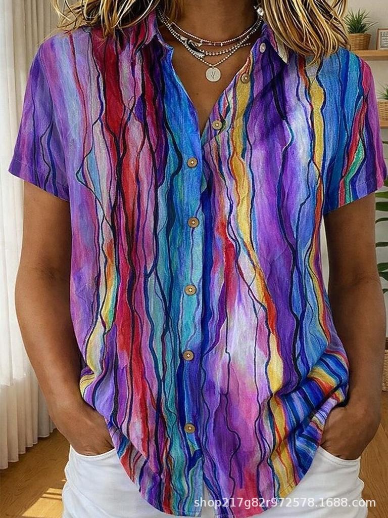 European and American summer hot-selling shirts, short-sleeved women's clothing, printed fashion lapel shirts, tops, casual women's clothing