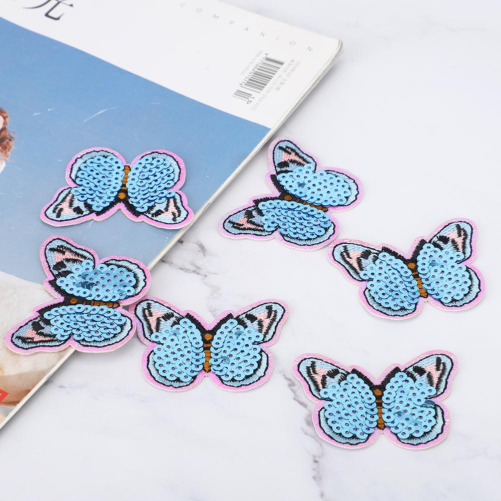 6pcs Sequins Butterfly Honeybee Clothes Patch Iron On Applique DIY T Shirt Fabric Sticker(Blue
