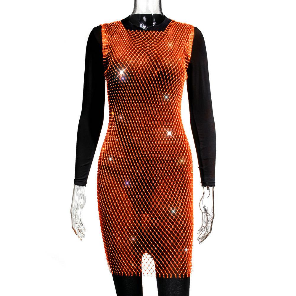 Black Rhinestone Fishnet Sheer Bodycon Mini Dress
