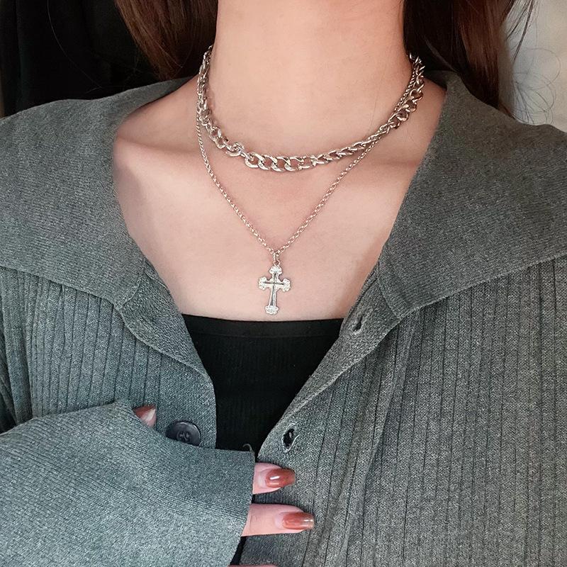 Cross Necklace Double Stacked Hip Hop Cold Style Men's Tide Sweater Chain ins Jewelry Titanium Steel Necklace