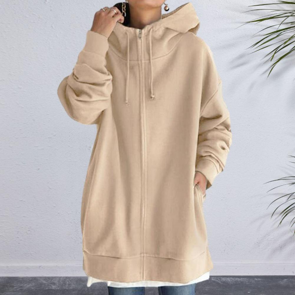 Womens Zip Up Long Hoodie Jacket with Drawstring Tunic Sweatshirt One Tone Open Front Cardigan Autumn Winter Hooded Pullover