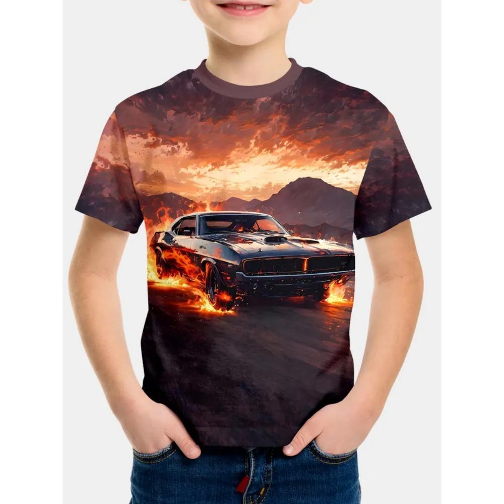 Racing pattern printed T-shirt for boys and girls, gift for children, short sleeved top, children's clothing, boys' T-shirt