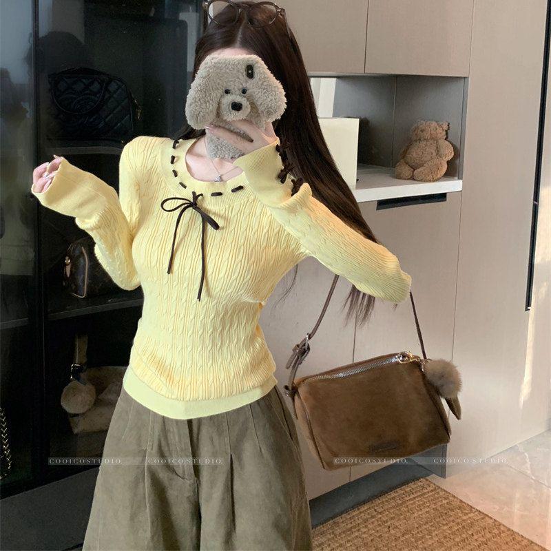 

Женский вязаный свитер в корейском академическом стиле со шнуровкой и бантом - Стройнящий, с длинным рукавом, Осень/Зима 2025 One Size