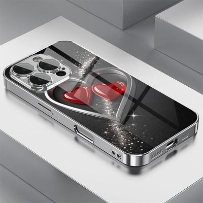 Cute Love Heart Print Tempered Glass Electroplated Phone Case For iPhone 17 16 15 14 13 12 11 Pro Max 14 Plus 16E 17 Air Cover
