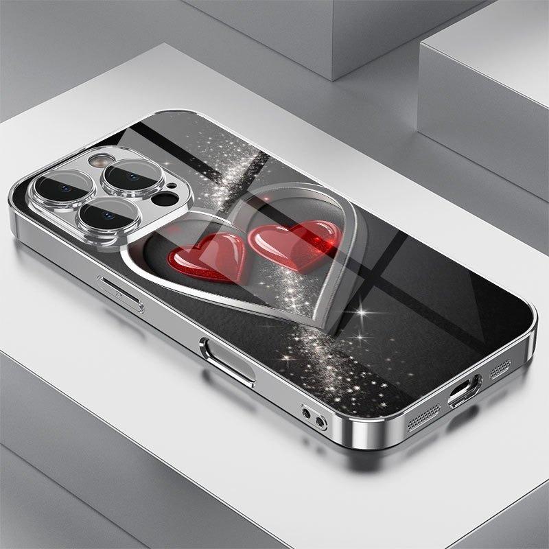 Cute Love Heart Print Tempered Glass Electroplated Phone Case For iPhone 17 16 15 14 13 12 11 Pro Max 14 Plus 16E 17 Air Cover