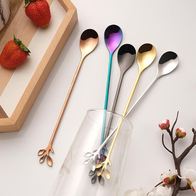 

Креативная ложка из нержавеющей стали в форме листа с длинной ручкой в виде веточки для кофе, ложка для размешивания меда, десерт