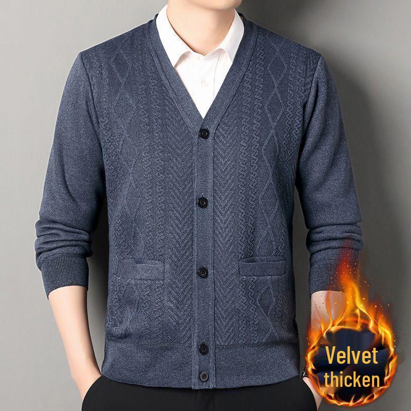 Men's V-Neck Thick Fleece Cardigan: Warm Knitwear for Dad and Grandpa