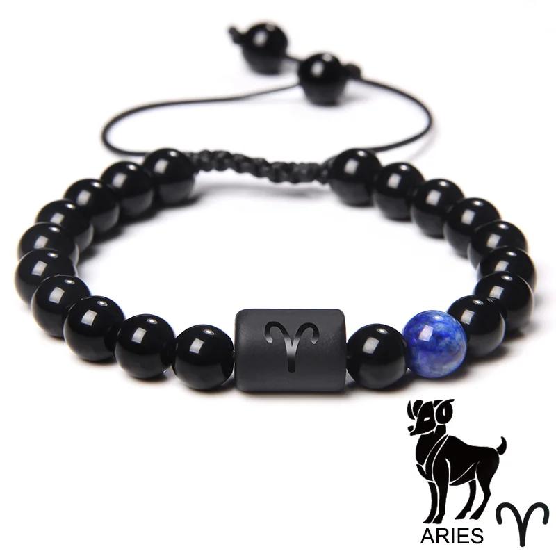 12 Constellation Zodiac Signs Bracelet Black Onyx Beads Cancer Leo Onyx Braided Bracelet for Women Men Couples Jewelry Gift