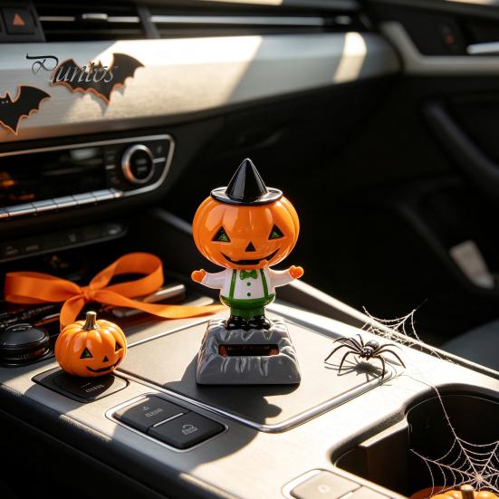 Small Gift for Car Owners Solar Dancing Pumpkin Doll, Halloween Dashboard Decoration, Spooky Ghost Auto Shaking Head Accessories Figurine Ornament
