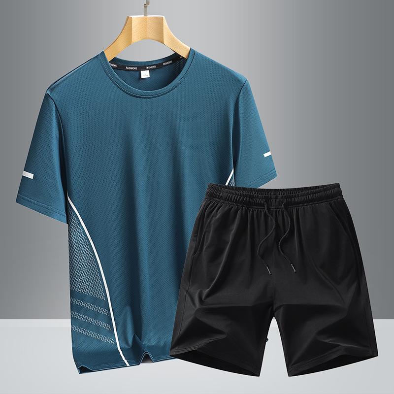 Quick Drying Short Sleeved Men's Summer Ice Silk Half Sleeved Loose and Breathable Fitness Running Set, Quick Drying Two-piece Set