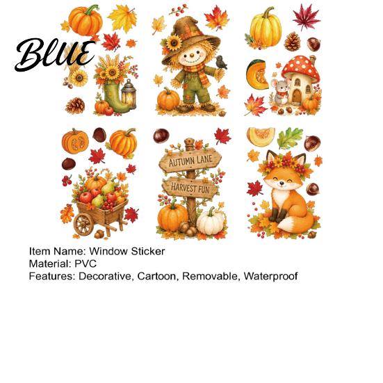 Autumn Theme Window Ornaments 6 Sheets Harvest Stickers Thanksgiving Cartoon Static Cling Decorations with Pumpkin And Scarecrow Clings Pumpkins