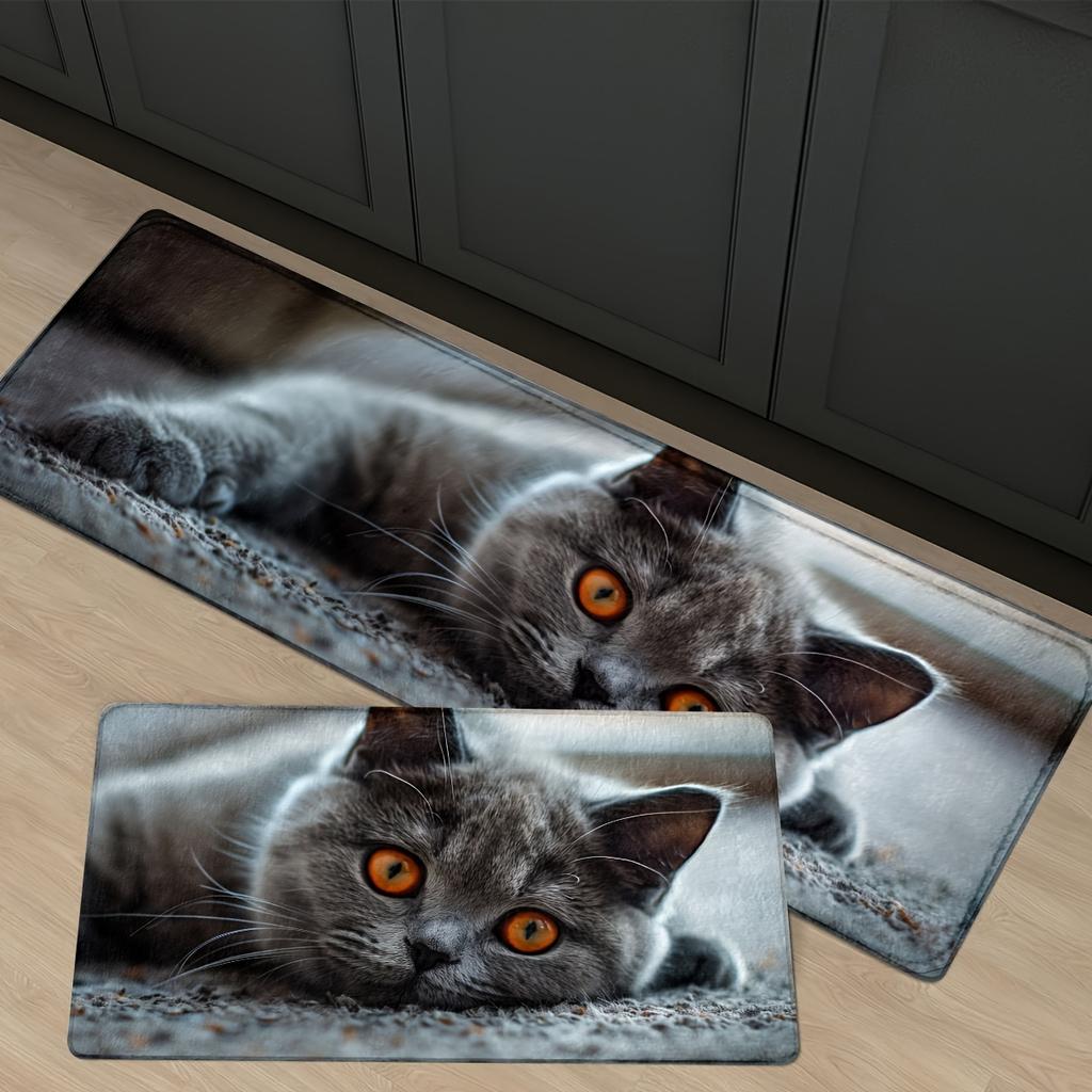 Süße hervorlugende graue Katze Langer Küchenläufer, Rutschfeste wasserabsorbierende Tierdruck-Läuferbodenmatte für Flur Heimdekoration