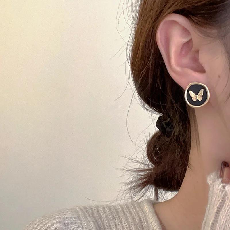 Matte Gold Butterfly Wing Drop Earrings With Black Enamel Irregular Round Statement Jewelry Gift For Women