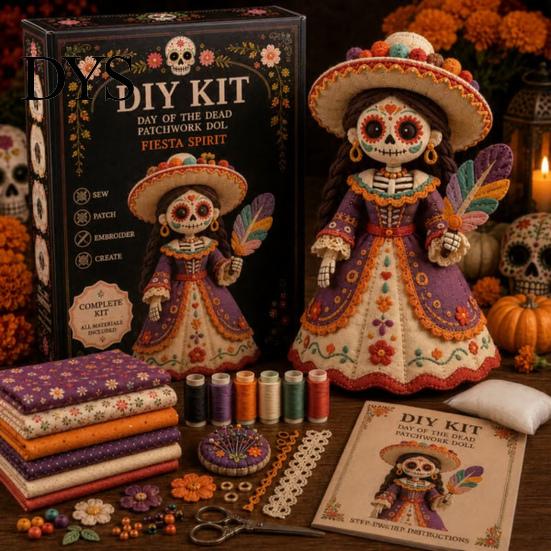Volkskunstpuppen Bastelset Tag der Toten Patchwork DIY-Set, Zuckerschädel Nähen Bastelsets für Erwachsene, Feiertags-Andenken-Herstellungsmaterialien Halloween