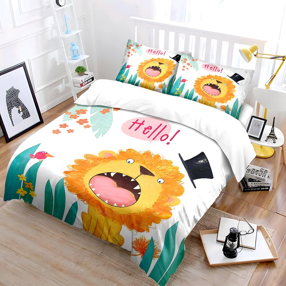 Cartoon Lion With Hat And Bird Print Soft Comfortable Duvet Cover Bedding Set Included 1*Duvet Cover 2*Pillowcases For Gifts