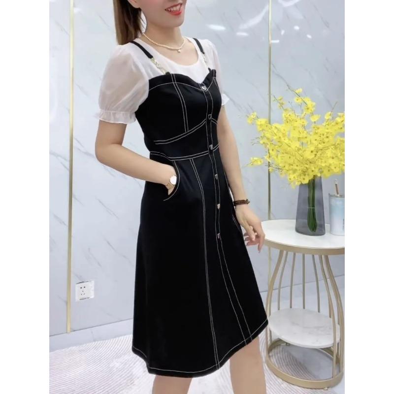 Women's Contrast Stitching Fake Two Piece Dress Mesh Puff Short Sleeve A-Line Midi Dress