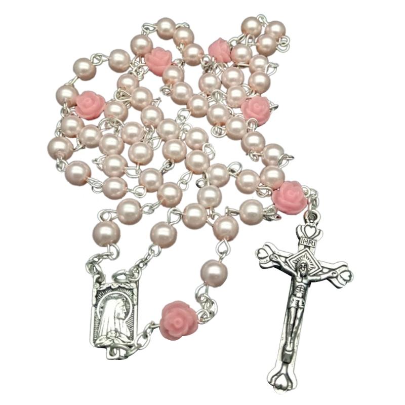 Elegant Cross Bead Necklace Rose Flower Glass Rosary Necklace Religious Jewelry Christian Prayer Beads Clavicle Chain