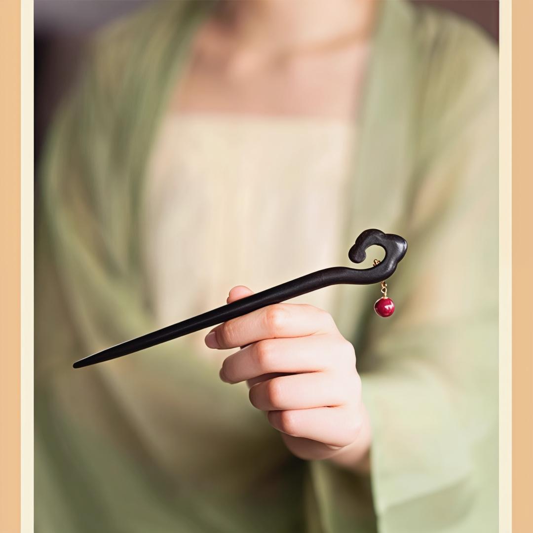 Xiangyun Ebony Hairpin Female Premium Hairpin New Chinese Red Cheongsam Cinnabar Step Wooden Hairpin Red Classic 15cm